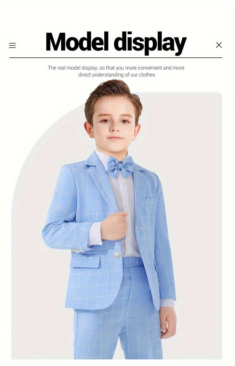 3pcs Boys Formal Plaid Gentleman Outfits, Long Sleeve Blazer.