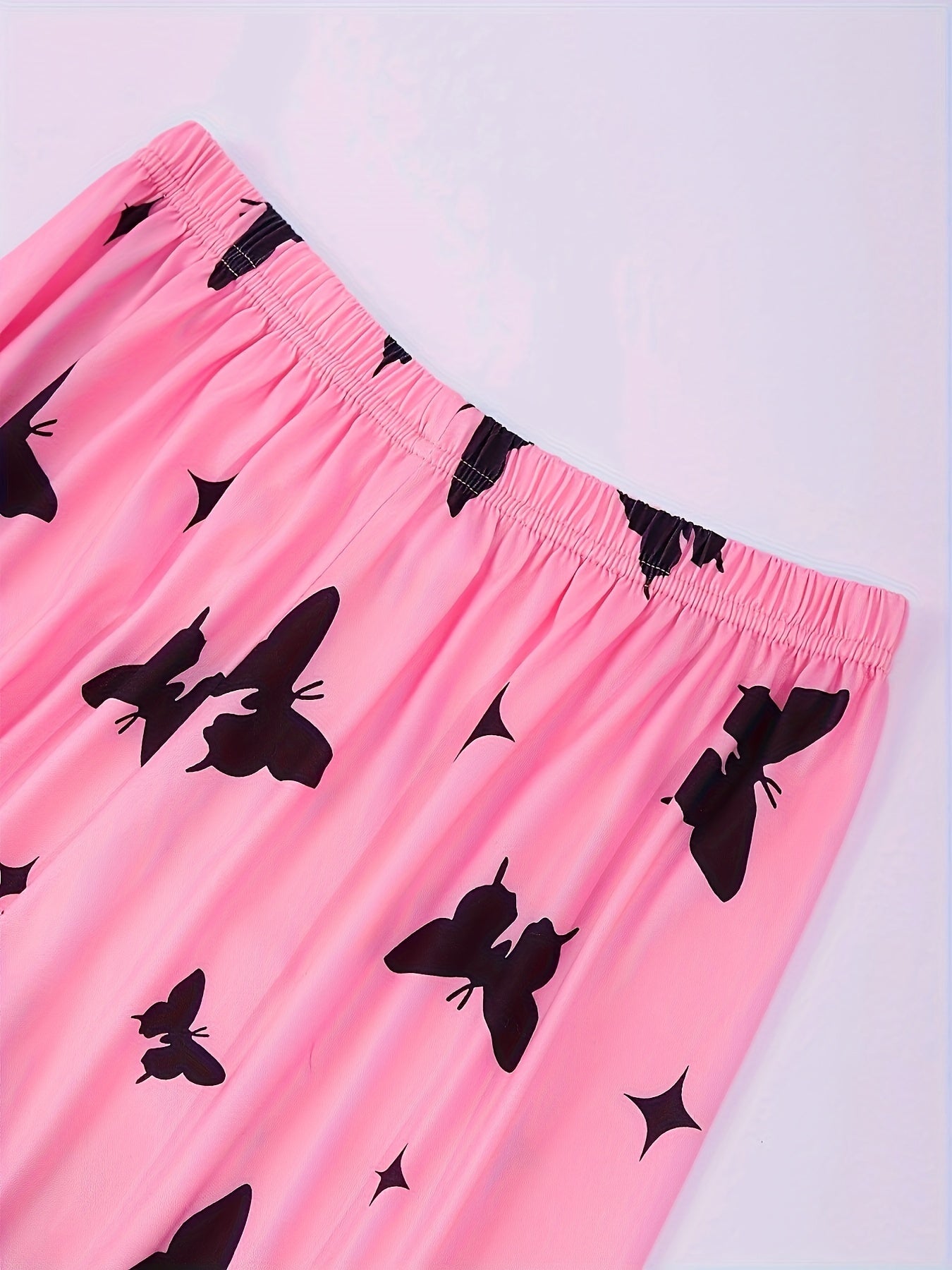 2 Sets Heart Print Pajamas Set, Short Sleeve Crew Neck Top & Butterfly Print Pants, Women's Sleepwear & Loungewear