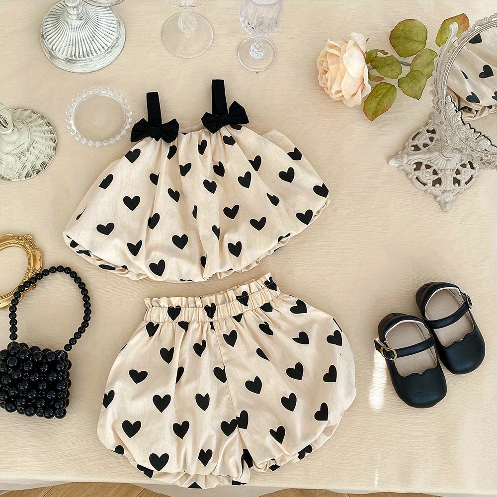 Baby Cotton Sleeveless Bowknot Decor Cami Top+Apricot Love Print Shorts 2pcs Set For Toddler Girls