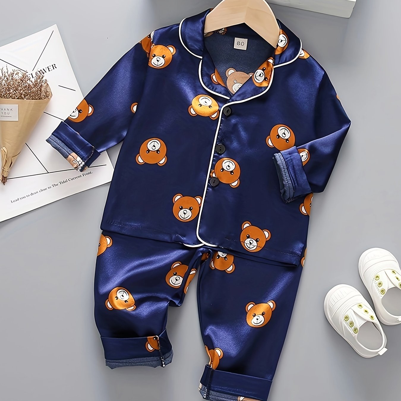 2pcs Boys Bear Print Button Up Long Sleeve Top & Elastic Waist Long Pants Set, Comfy Boys Clothes