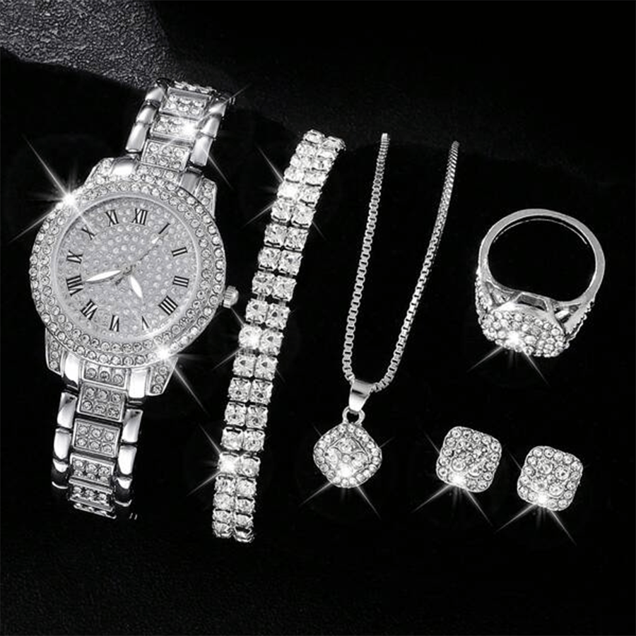 Luxury Rhinestone Quartz Watch Hiphop Fashion Analog Wrist Watch & 6pcs Jewelry Set, Gift For Women Her