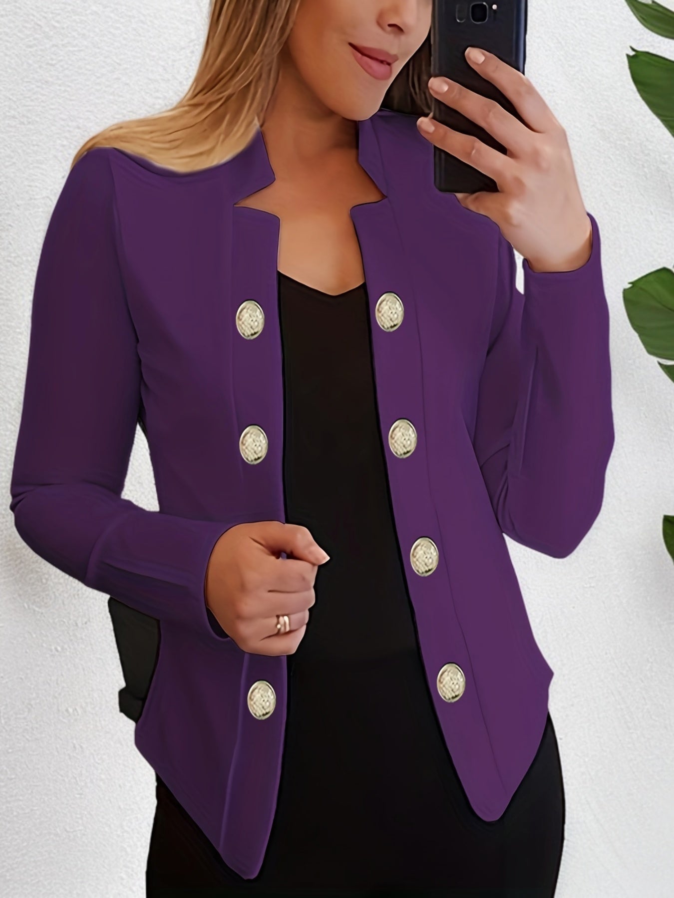 Button Decor Open Front Blazer, Casual Long Sleeve.