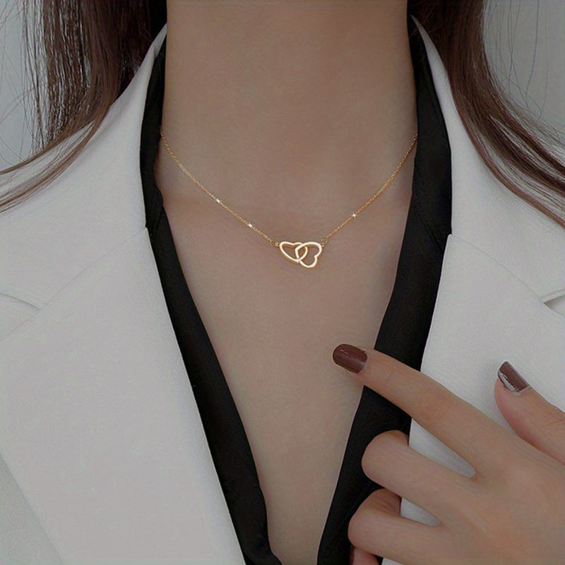 1pc, Double Peach Heart Necklace - Stylish Metal Alloy Jewelry for Women, Perfect for Mother's Day, Valentine's Day, and Birthdays - Clothing Accessory and Festival Gift