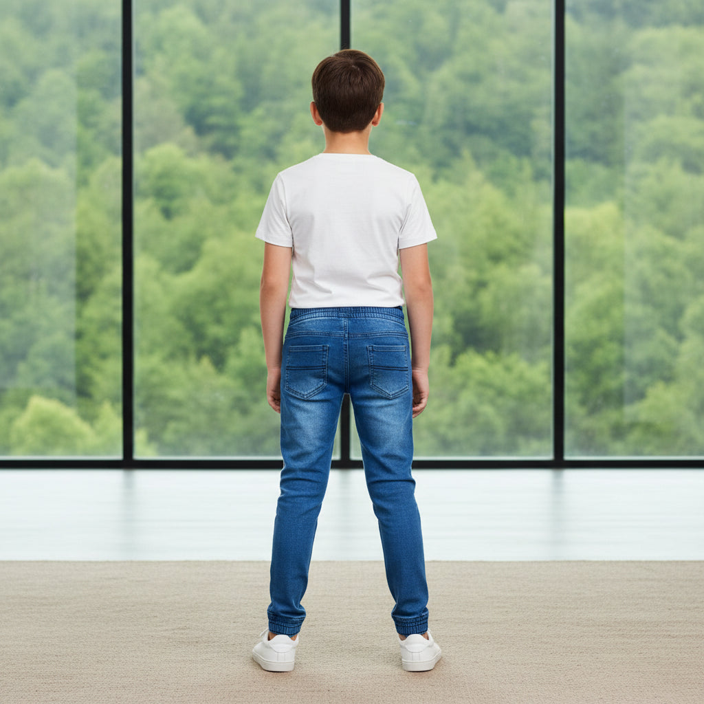 Boys Blue Denim Jogger Jeans 7-12 Years - Casual Drawstring Denim Pants with Side Stripes | MH