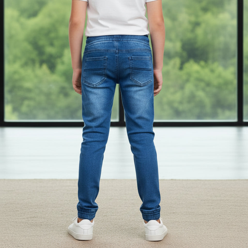 Boys Blue Denim Jogger Jeans 7-12 Years - Casual Drawstring Denim Pants with Side Stripes | MH