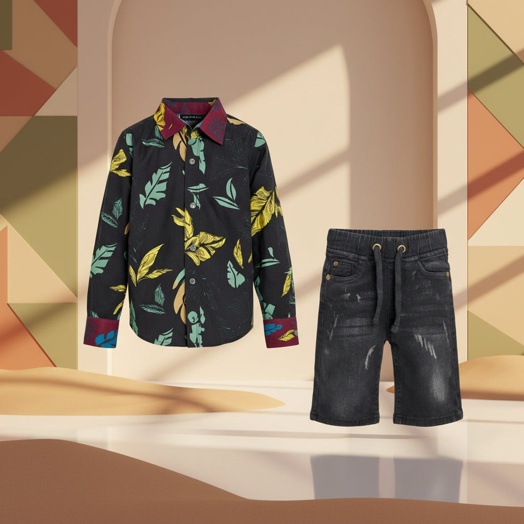 Stylish Printed Button-Up Shirt with Denim Shorts Kids Outfit Set |MH Size (1-12Years)