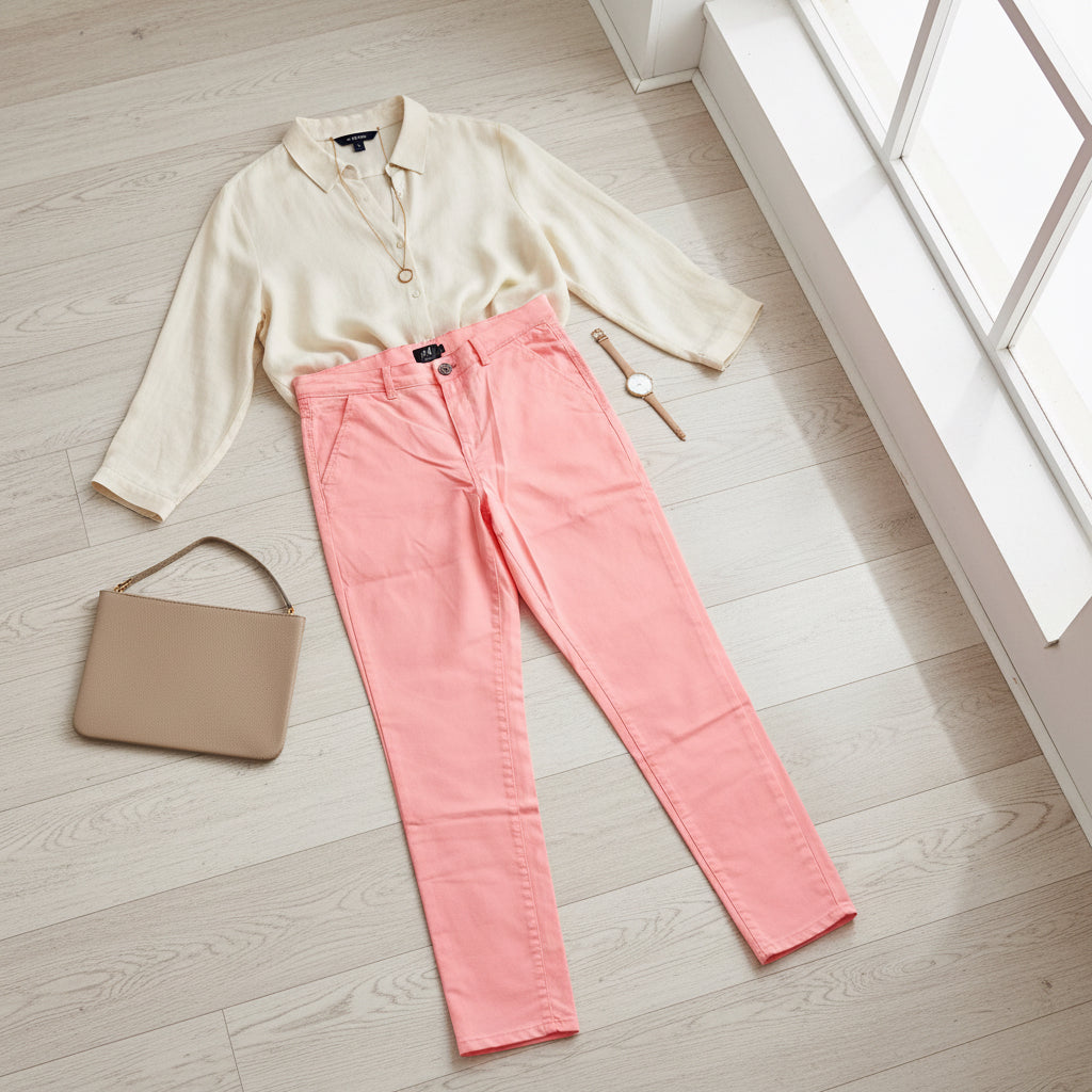 Women’s Colored Skinny Stretch Pants - High Waist Slim Fit Trousers in Pink, Beige & Blue | Waist 26” to 36” Sizes | MH