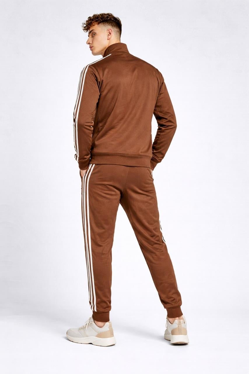 Men’s Chocolate Brown Track Suit Zip-Up Jacket & Sweatpants Side Stripes | Sizes M-XXL | MH