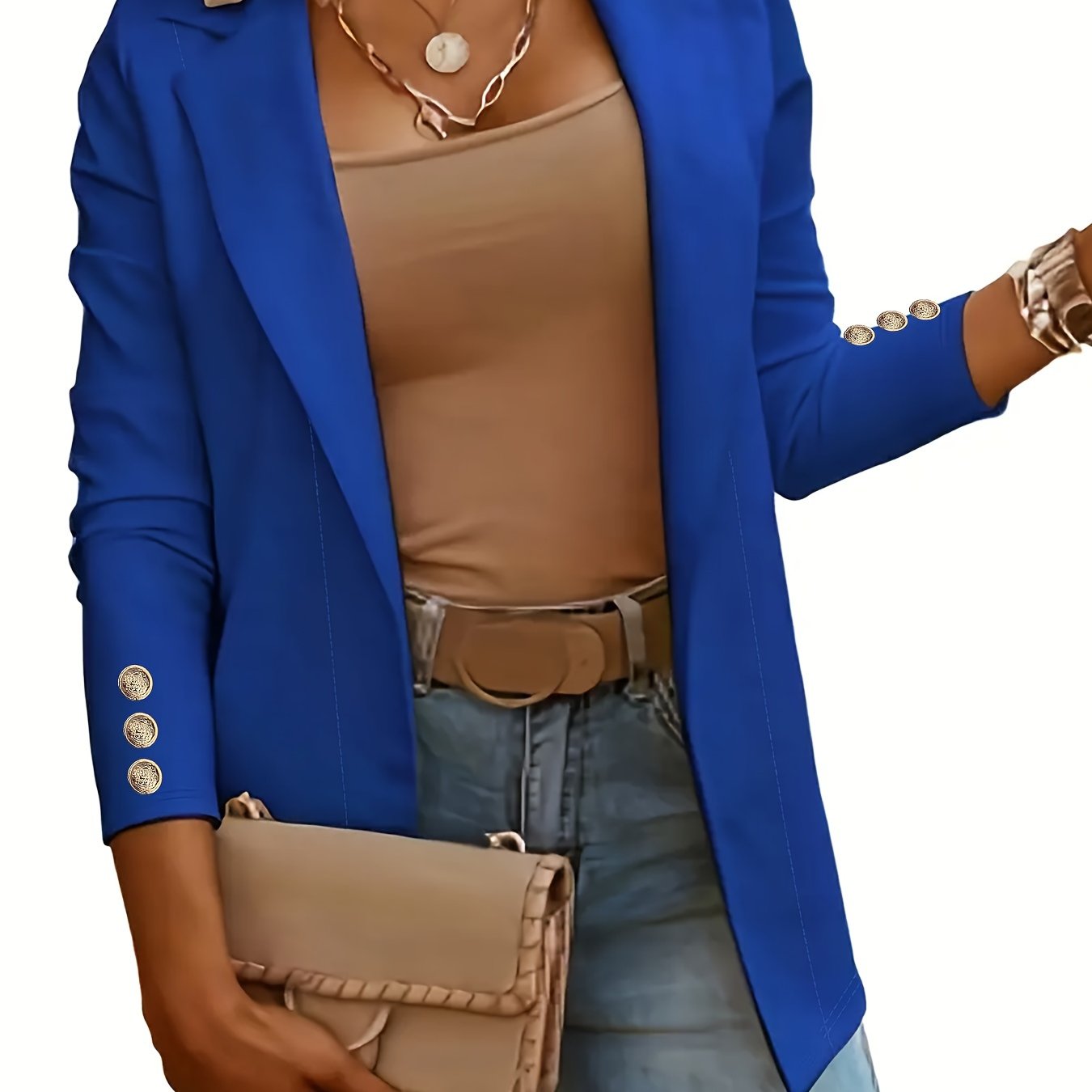Solid Open Front Lapel Blazer, Elegant Button Decor Long Sleeve Blazer.