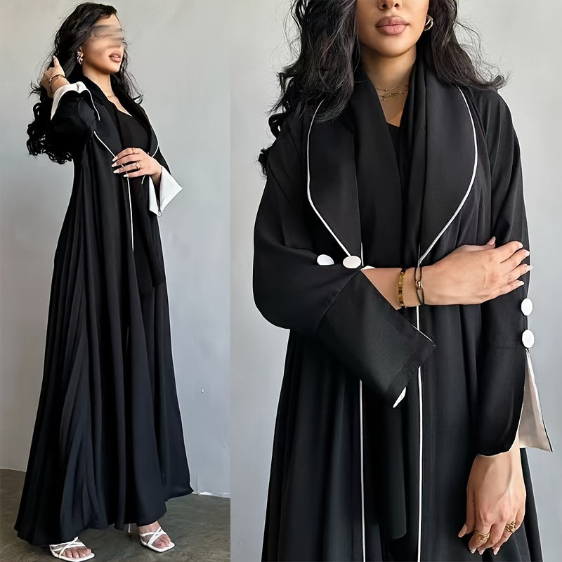 Contrast Trim Lapel Neck Abaya Dress, Elegant Open Front Long Sleeve ./ MH
