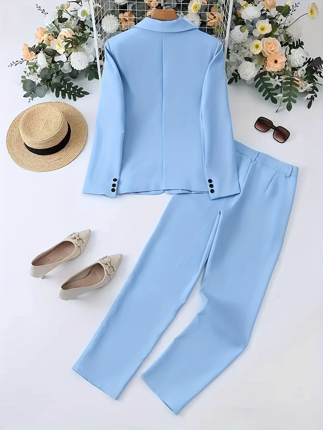 Plain Color Elegant Suit Set, Single Breasted Long Sleeve Blazer .