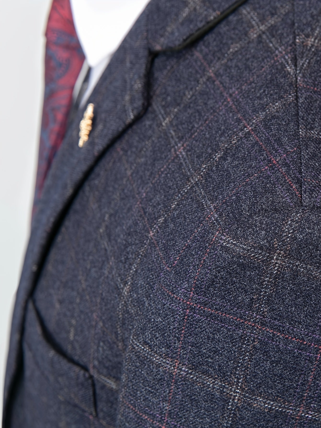 3pcs Men's Plaid Pattern Dress Suit Set, Notch Lapel Collar Blazer.