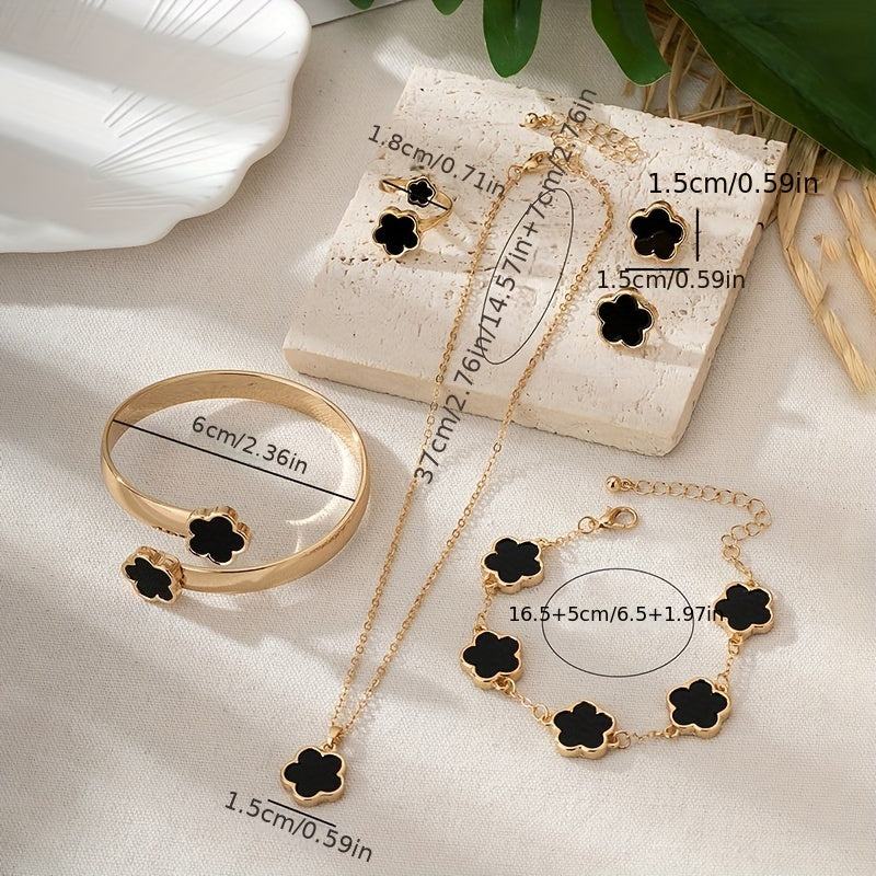 1 Pair Stud Earrings + 1 Pc Necklace + 1 Pc Bracelet + 1 Pc Bangle + 1 Pc Ring - Lucky Flower Design Alloy Jewelry Set for Women -