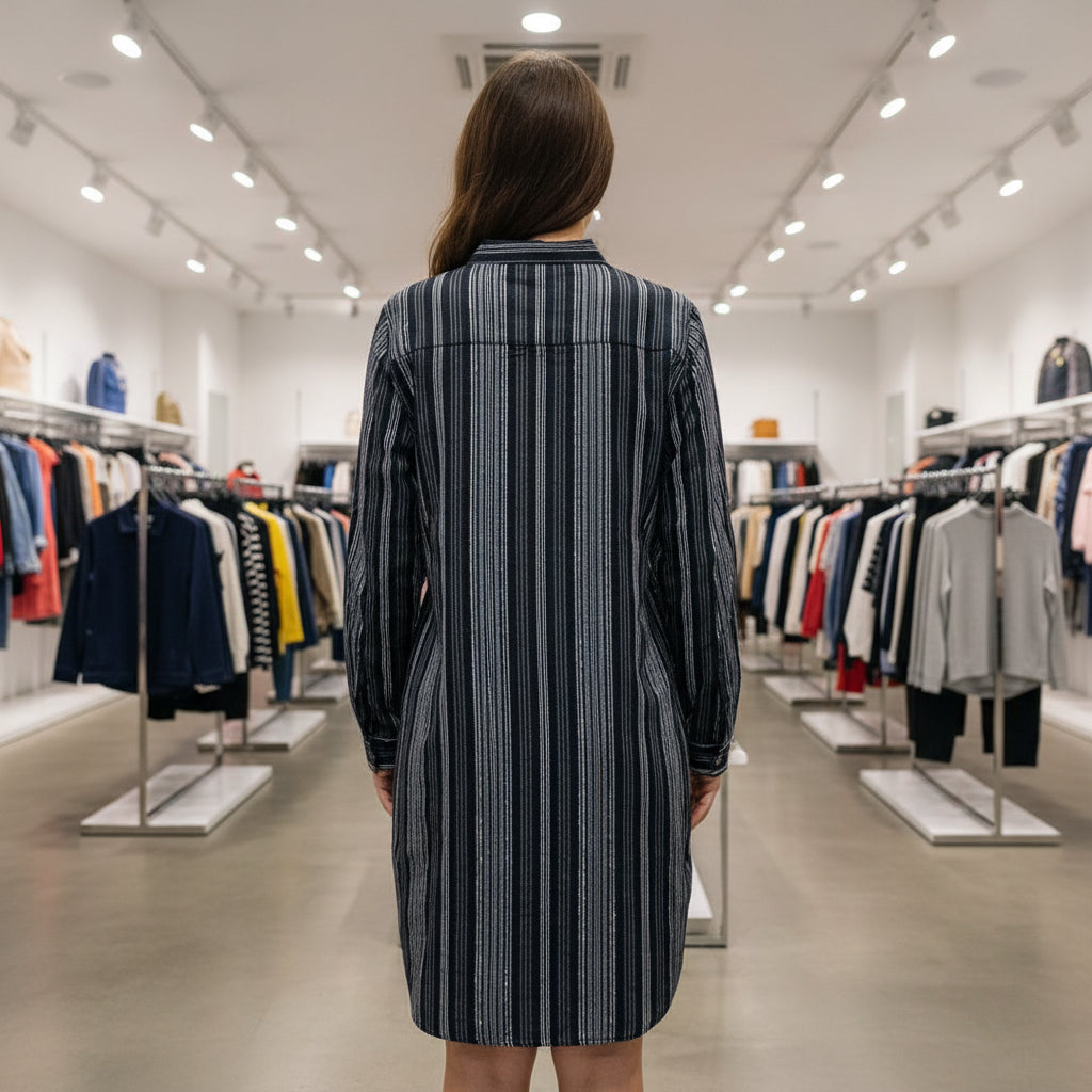 Striped Midi Shirt Dress with Tie-Waist Belt – Long Sleeve Button-Down Casual women Dress (S-XL) | MH