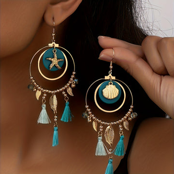 Dainty Bohemian Leaf Tassel Pendant Earrings - Delicate Hollow Circle Design, Starfish Shell Accents, Dangle Style, Vocation-Inspired, Perfect Female Gift for Boho Chic Lovers