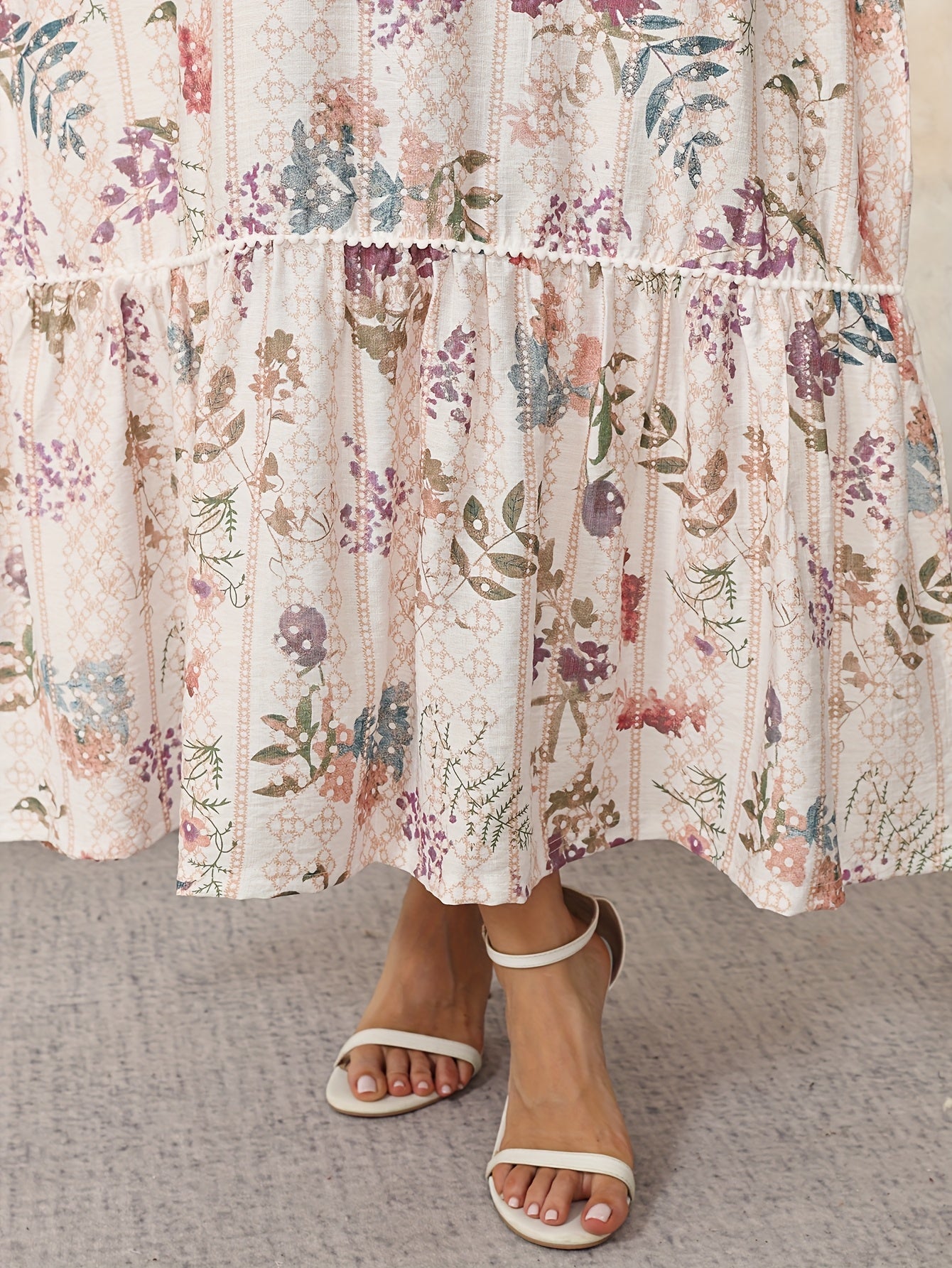 [Floral Jalabia Dress] Floral Print Elegant Jalabia Dress | V-Neck,/MH