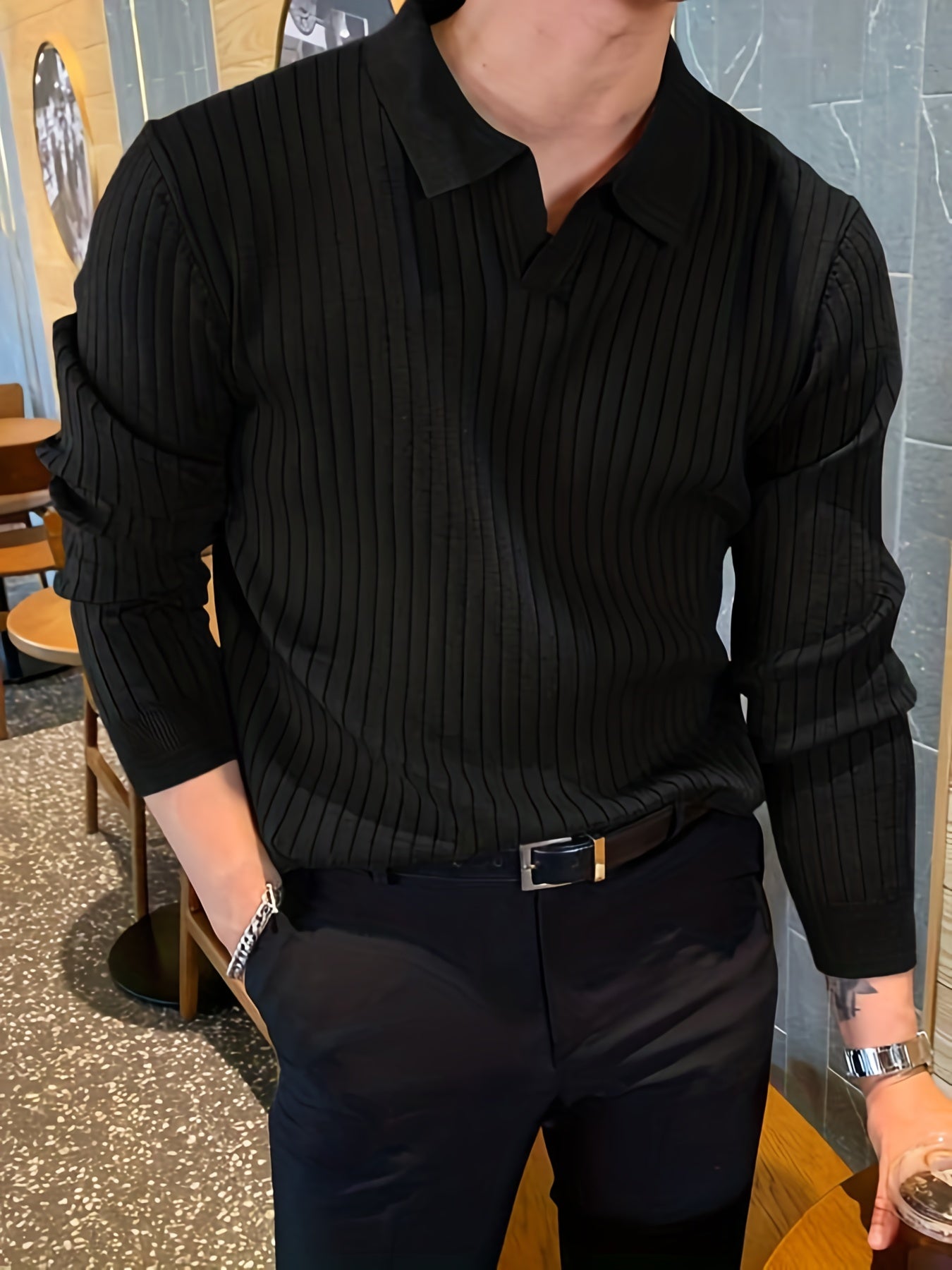 Chic Knit Shirt, Men's Casual Stylish Lapel Middle Stretch V-Neck .