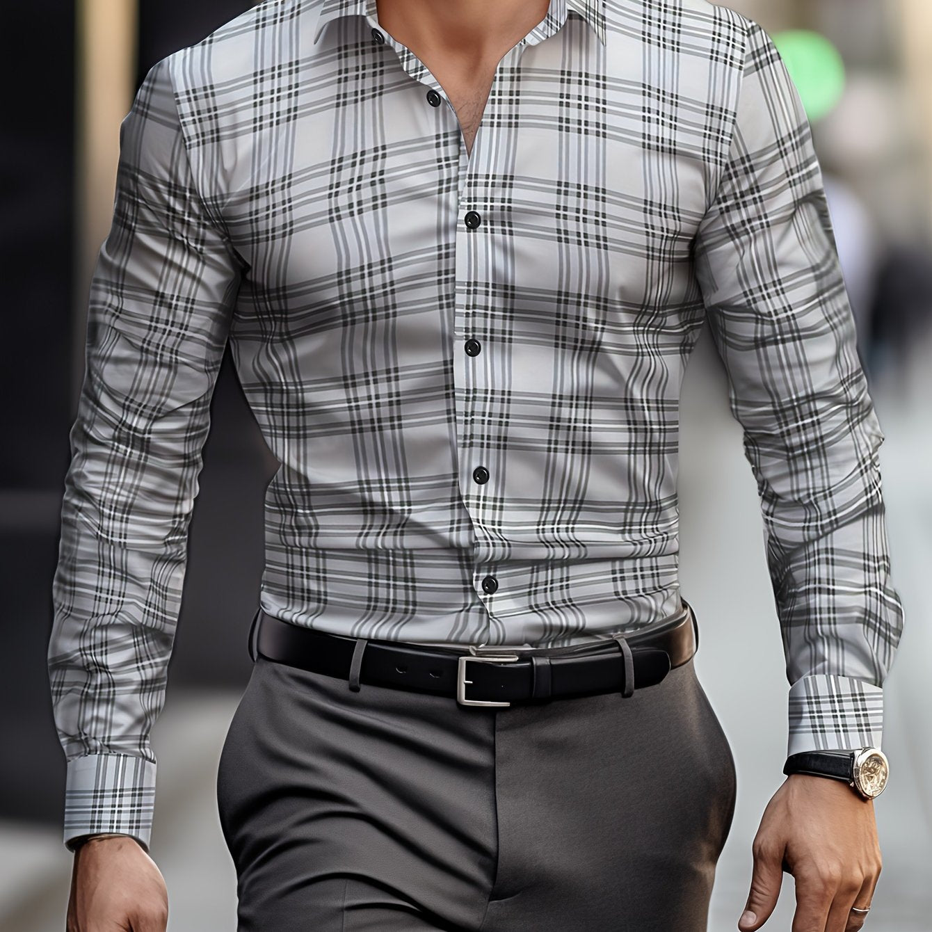 Classic Plaid Pattern Print Men's Lapel Collar Design Dress Shirts,