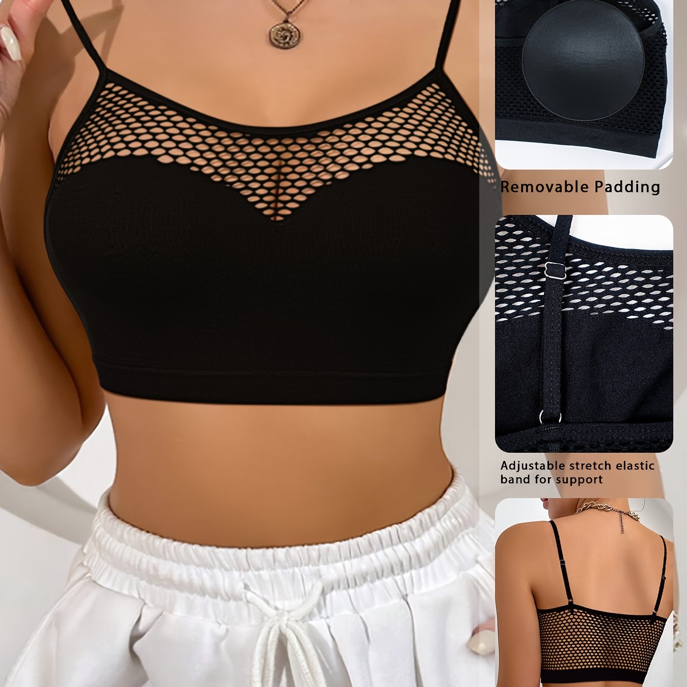 1pc Solid Color Hollow Stretch Mesh Tank Top Bra ./MH