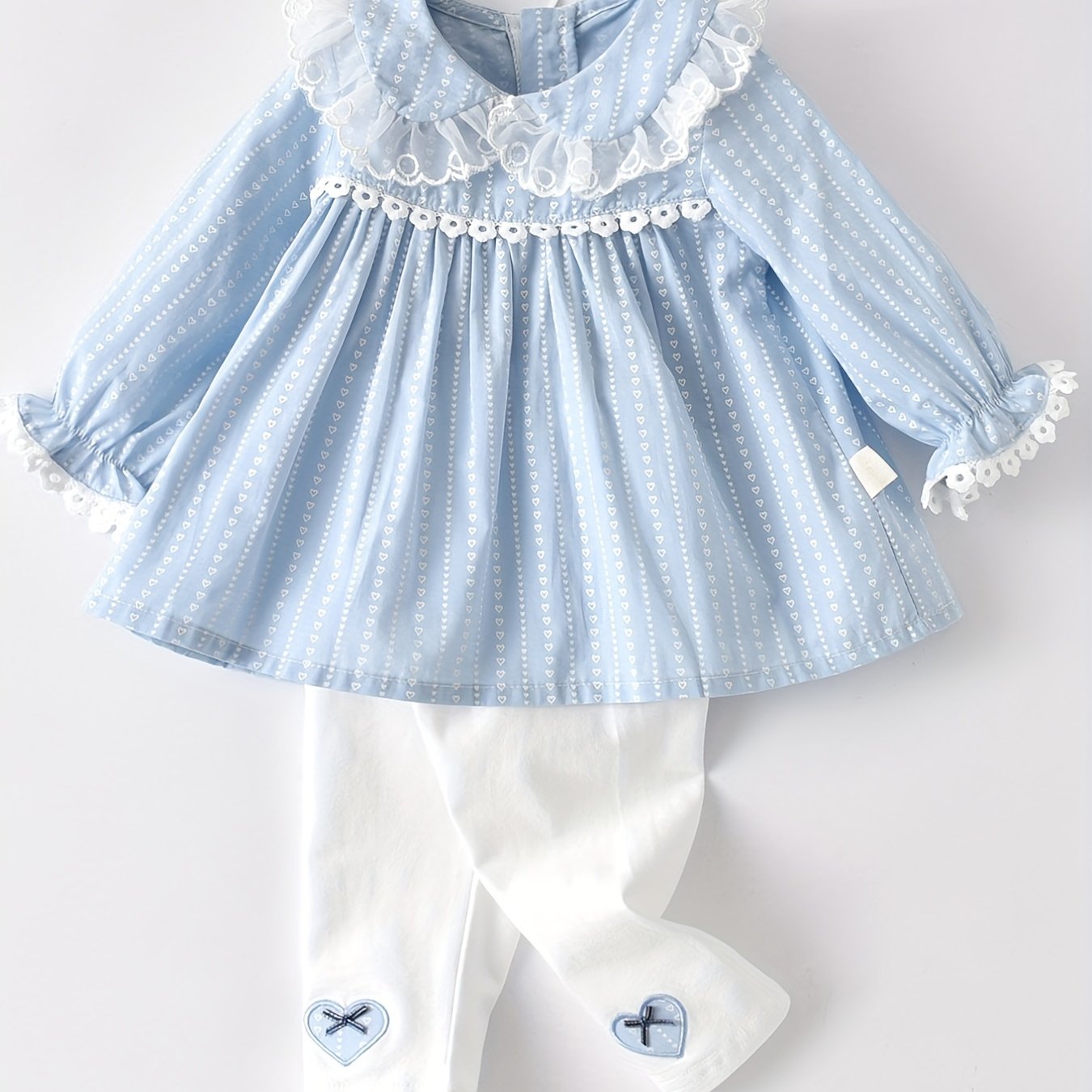 Adorable Baby Girl Spring/Fall Outfit - Long Sleeve Lace Trim Puff Princess Dress Top & Pants Set