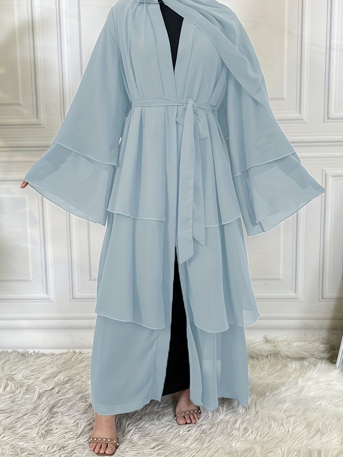 Layered Open Front Modest Dress, Long Sleeve Muslim Dress'/MH