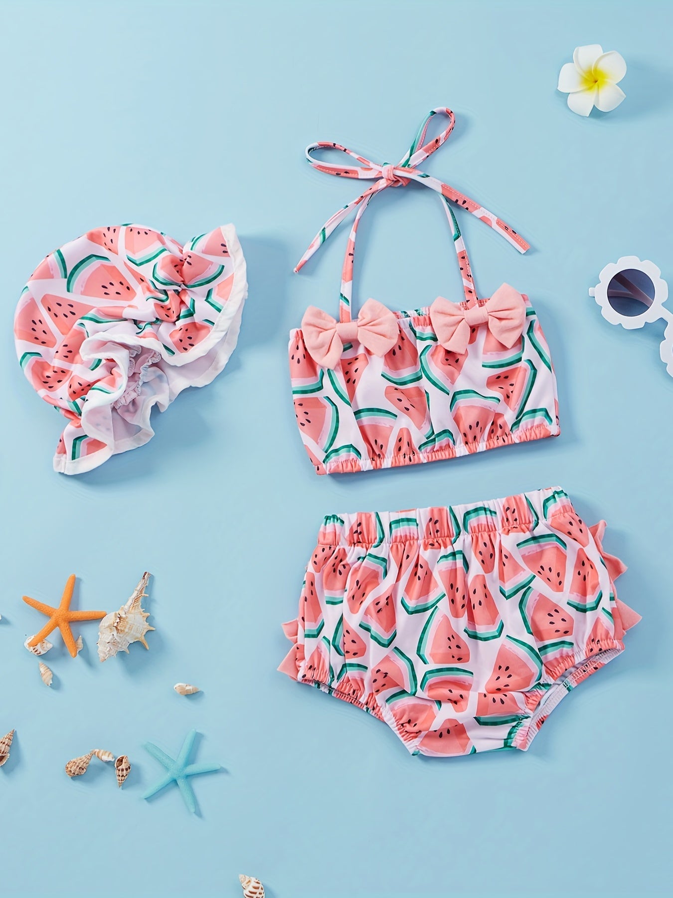 3pcs Baby Girls Bikini Tankini Swimsuit Sunflower Graphic Bow .