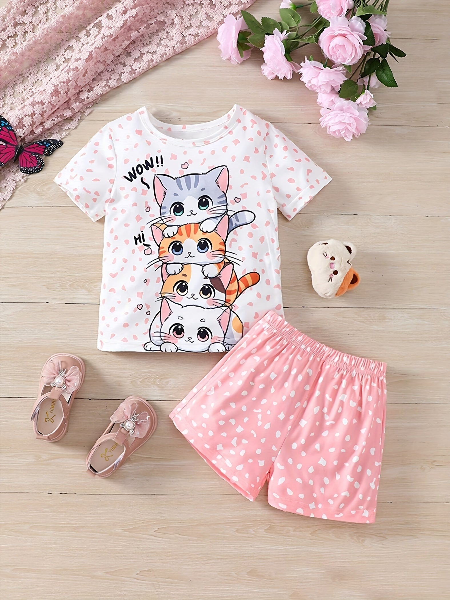 2pcs Girls Cute Underwear Sets, Cute Kitten Print Short Shirts & Shorts,