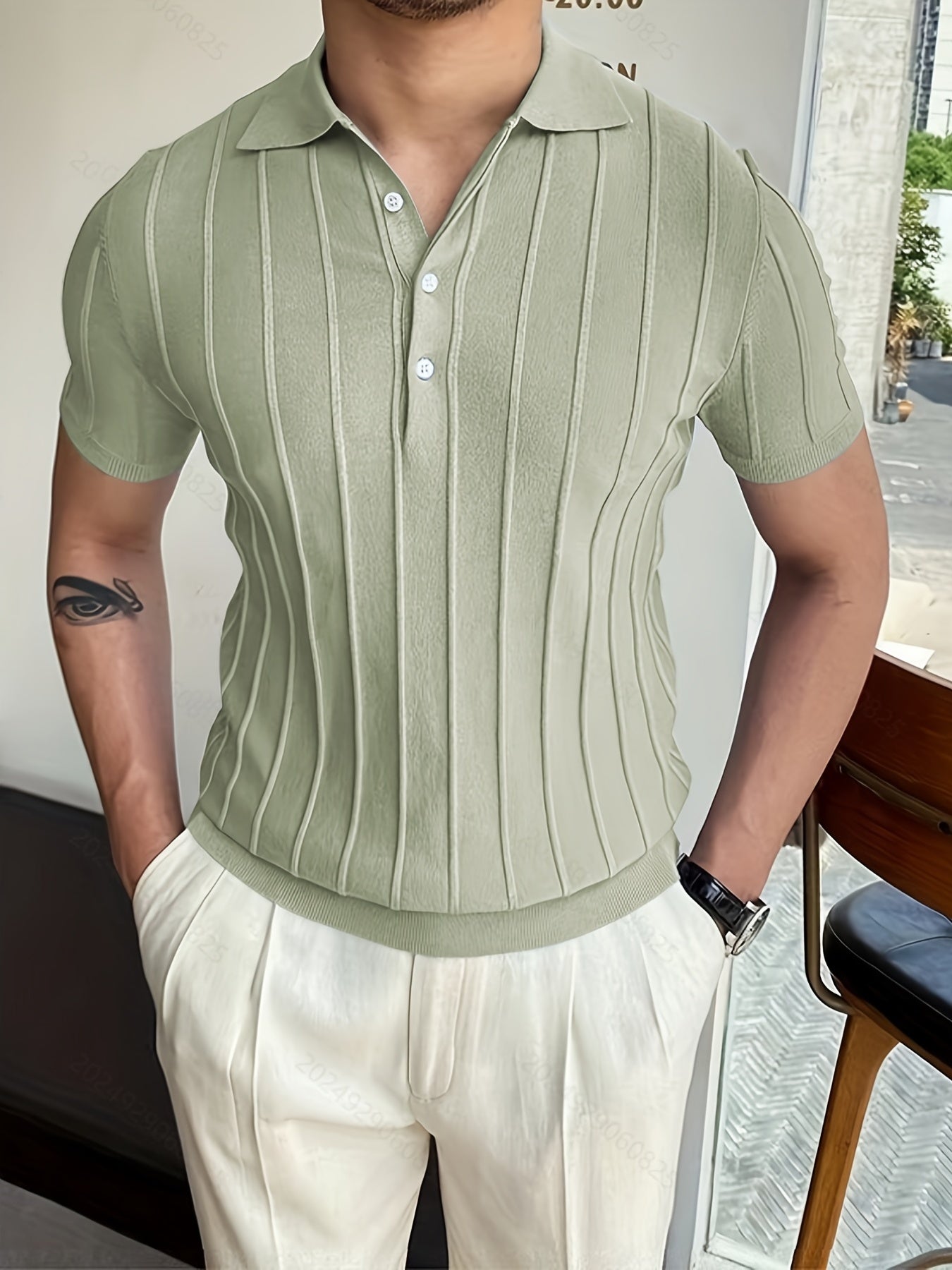Vertical Striped Chic Shirt, Men's Casual Solid Color High Stretch .