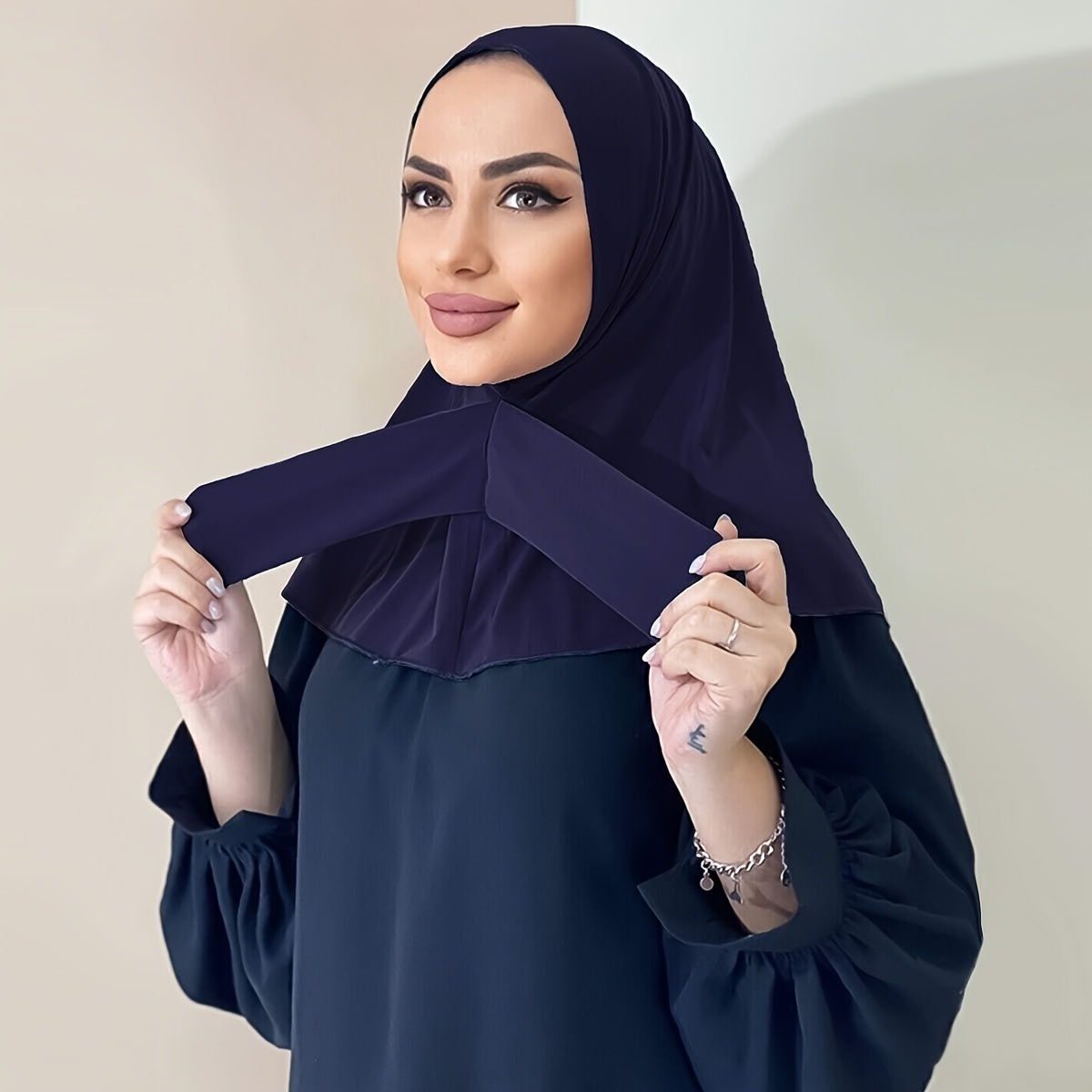 Solid Color Hijab Snap Button Adjustable Headscarf Casual Elastic '/MH