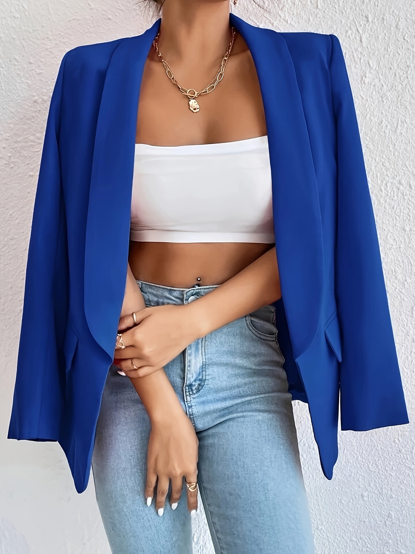 Solid Color Open Front Blazer, Casual Lapel Long Sleeve Blazer.