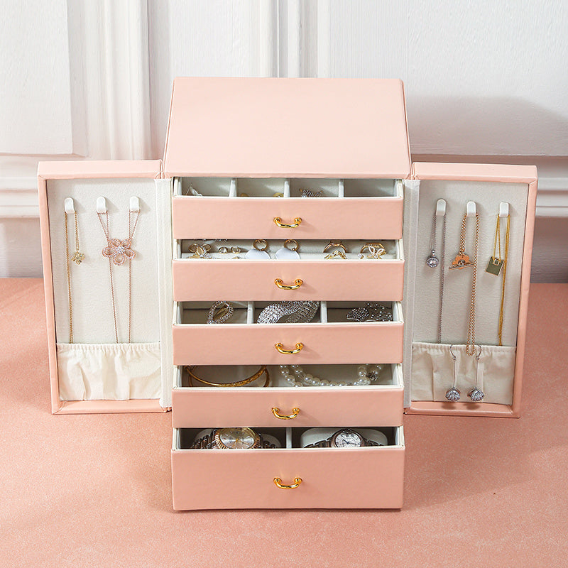 1 Large Faux Leather Jewelry Organizer Box with 5 Drawers .