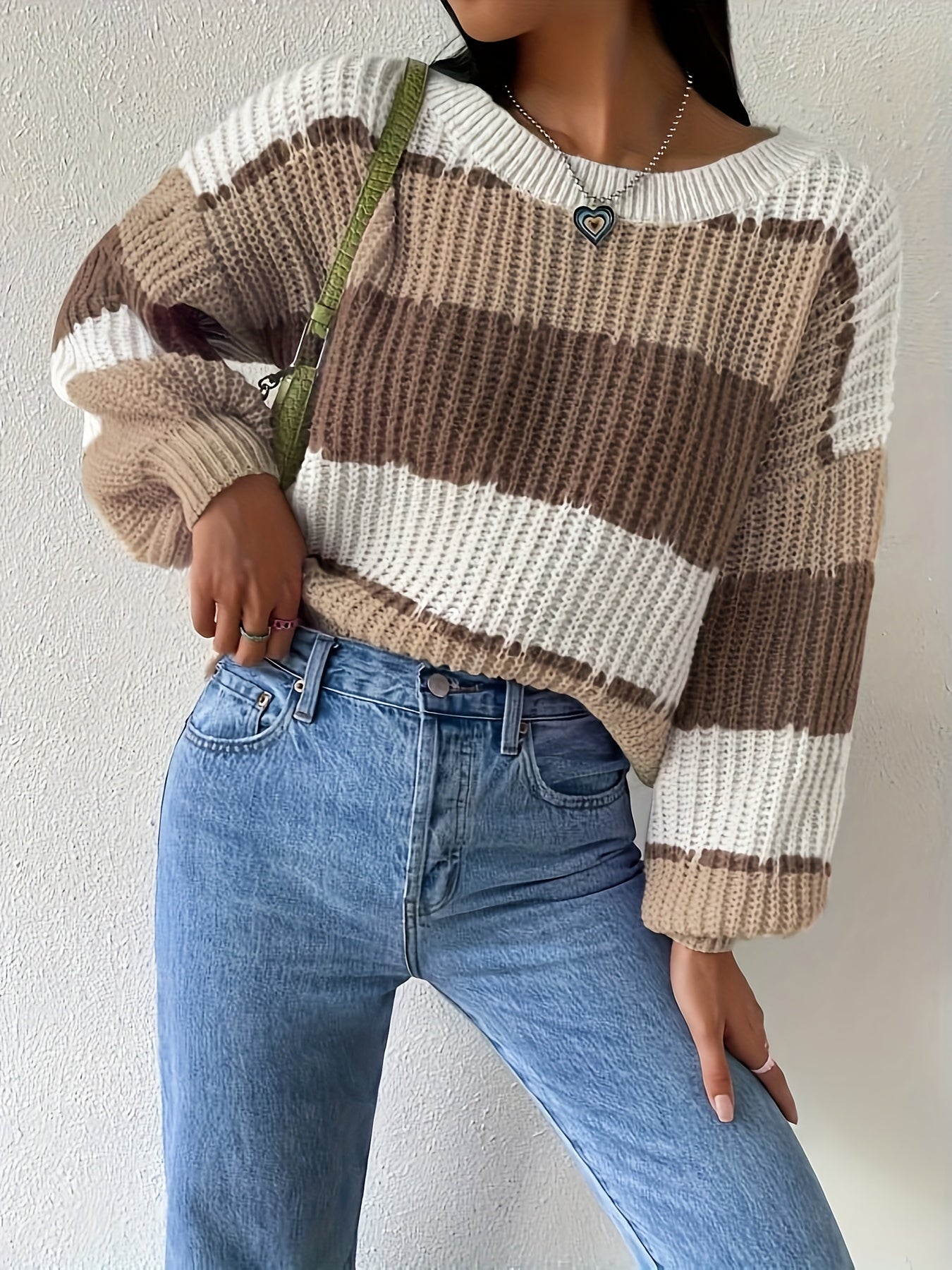 Crew Neck Pullover Sweater, Casual Lantern Sleeve Loose Sweater,