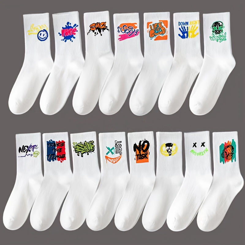 10 Pairs Graffiti Print Socks, Street Style Soft Unisex Mid Tube Socks./MH
