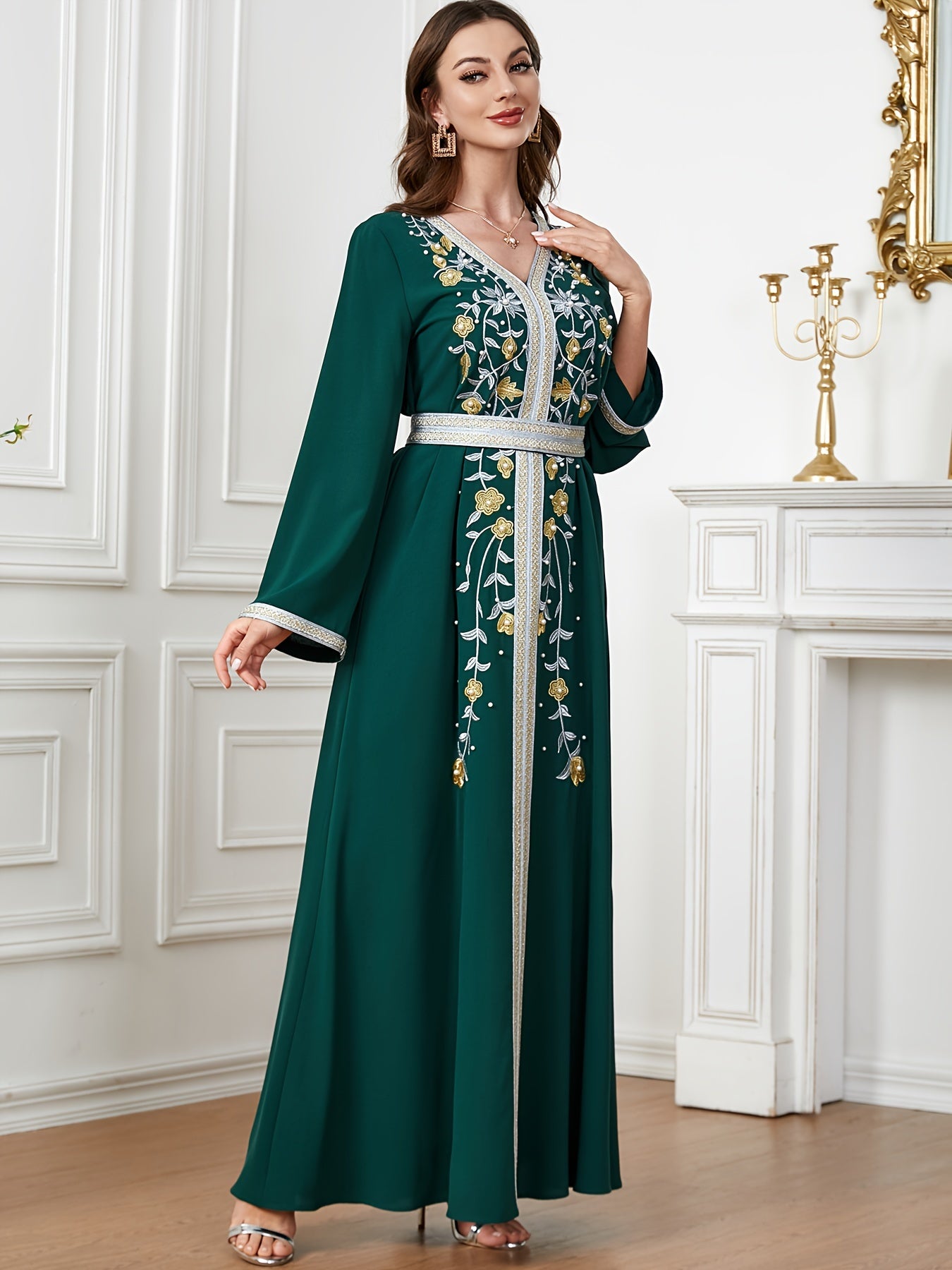 Ramadan Beaded Floral Pattern Kaftan, Elegant Long Sleeve 'MH
