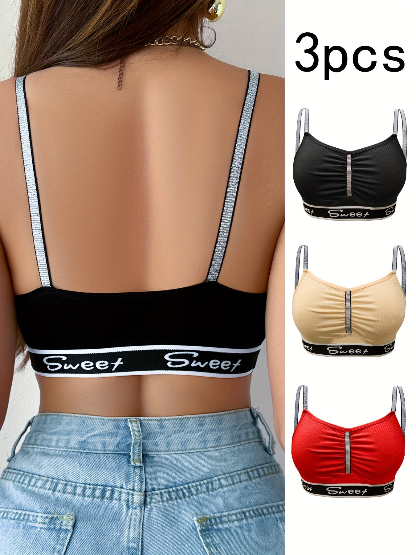 3pcs Color Block Wireless Cami Bra, Sexy Comfy Push Up Bra, /MH