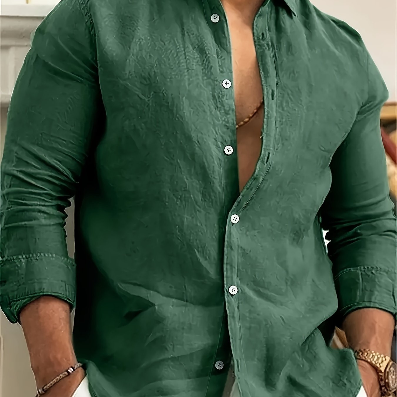 Men's Solid Color Lapel Collar Long Sleeve Casual Shirts,