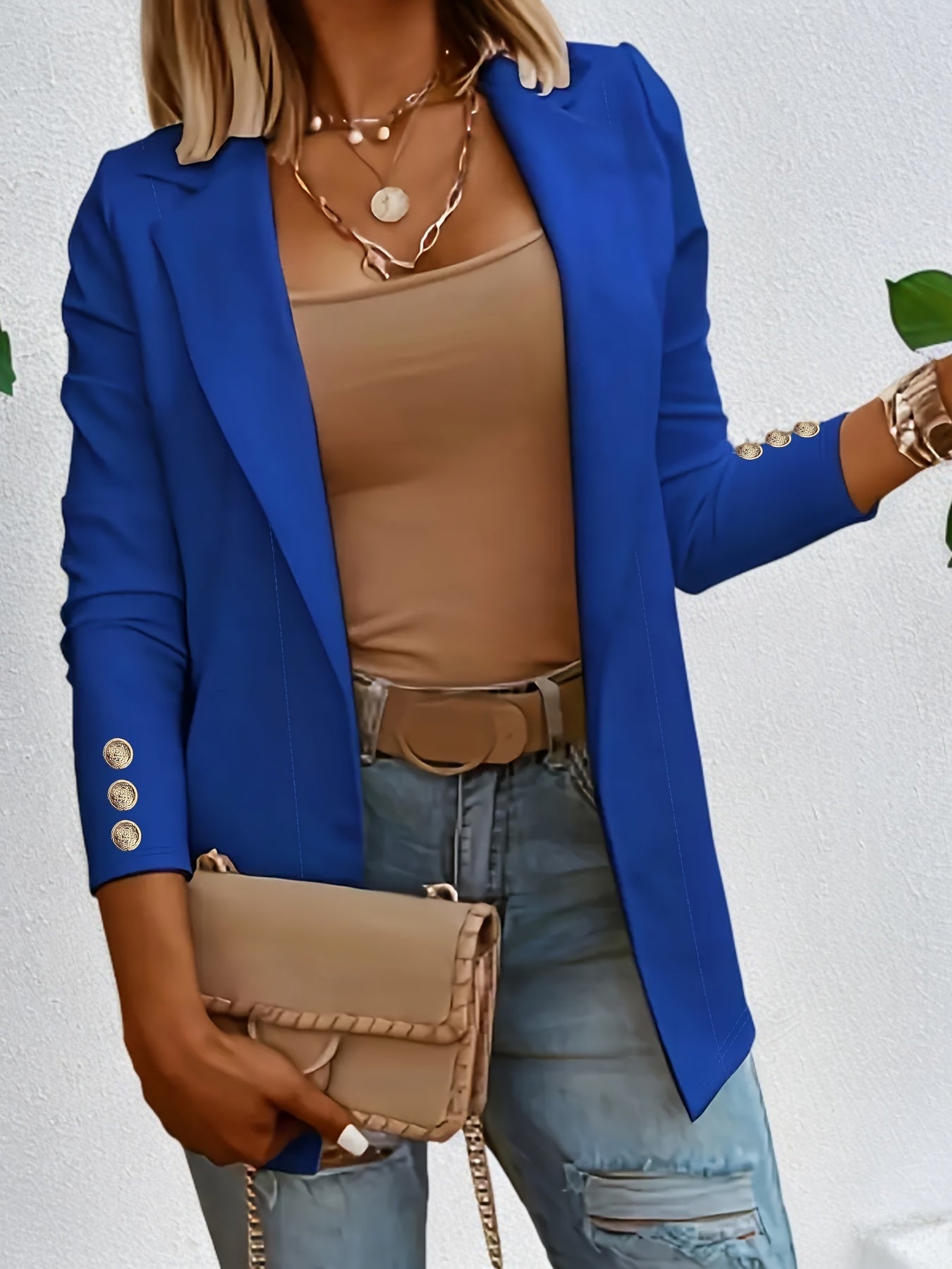 Solid Open Front Lapel Blazer, Elegant Button Decor Long Sleeve Blazer.