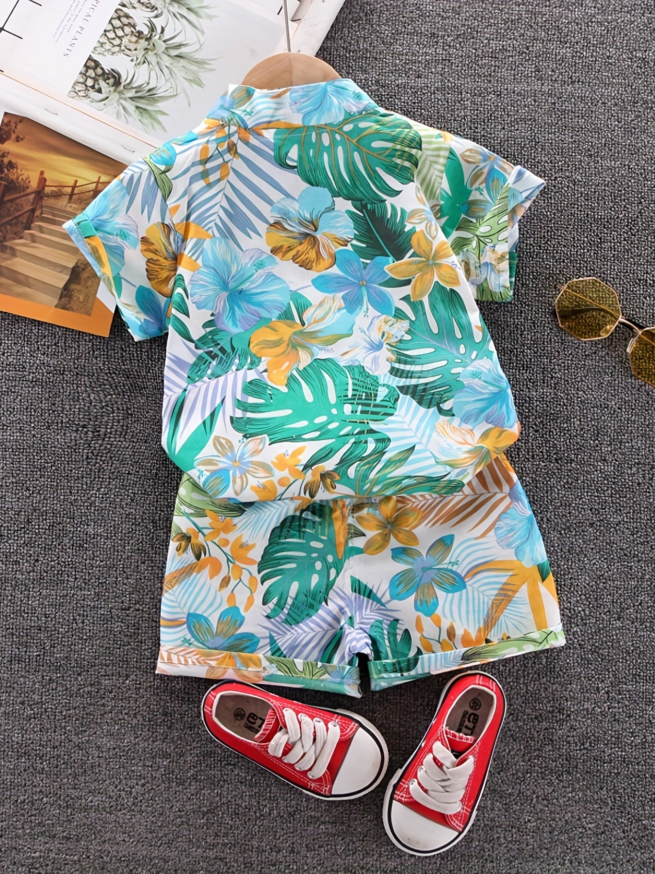 Boys Leaf And Flower Print Casual Outfit Short Sleeves .