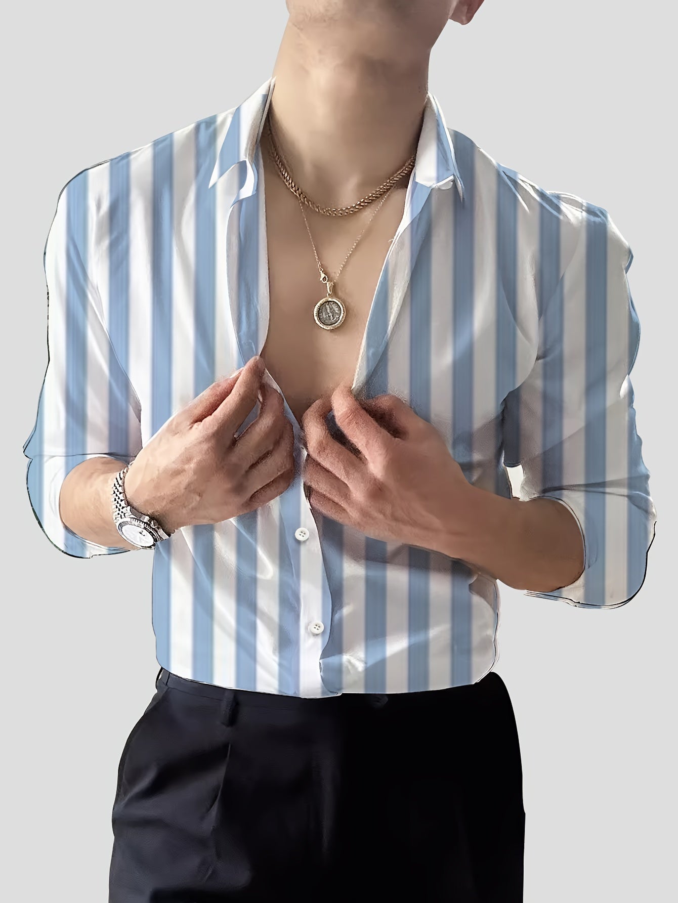 Men's Striped Lapel Collar Dress Shirts, Long Sleeve .