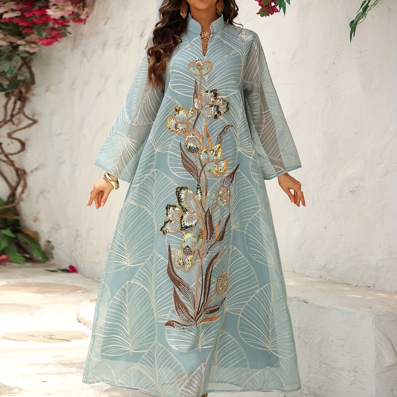 Elegant Women'S Sequin Mesh Kaftan Dress - Long Sleeve,/MH