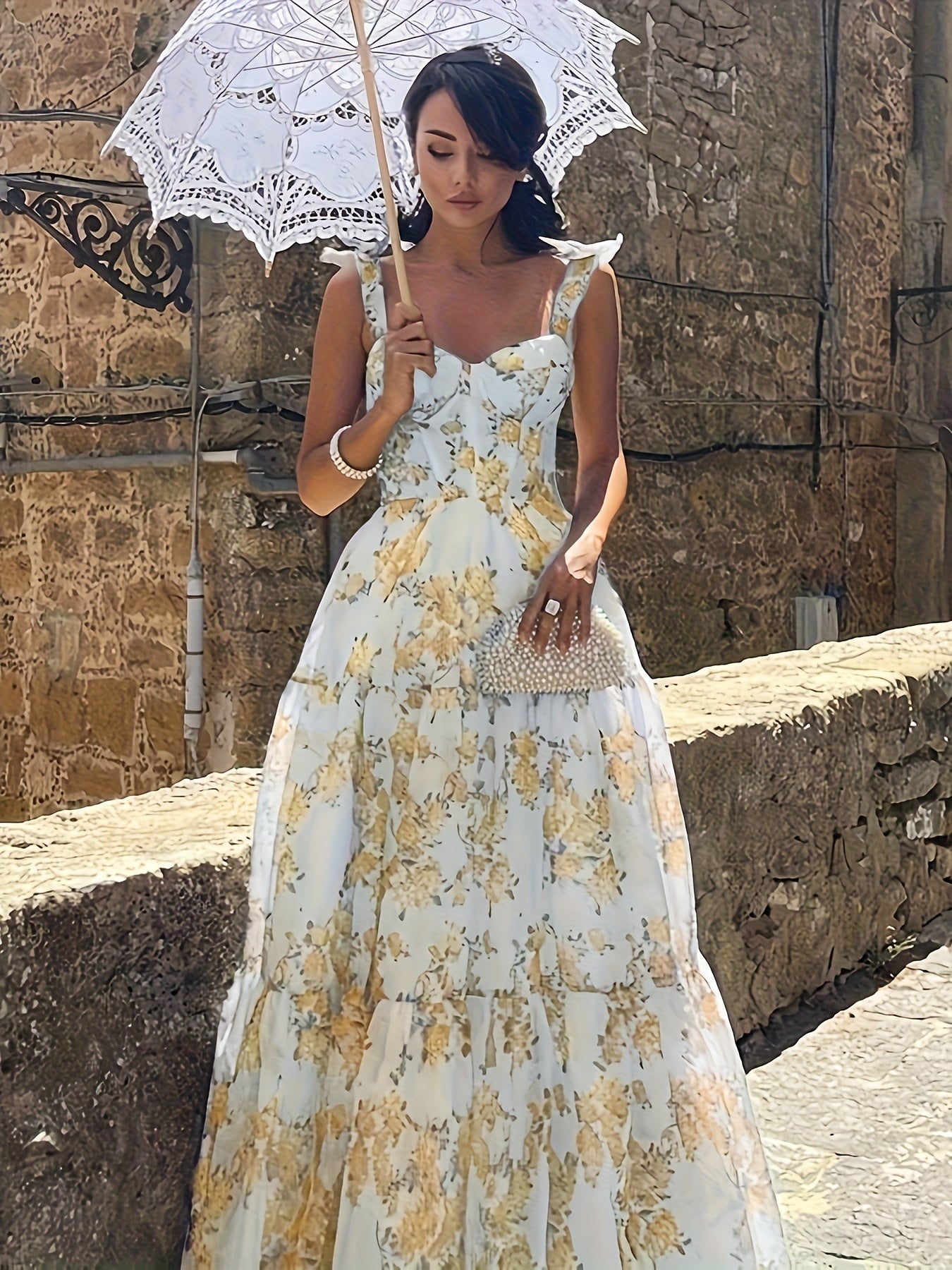 Elegant French Floral Off-Shoulder Long Dress - /MH