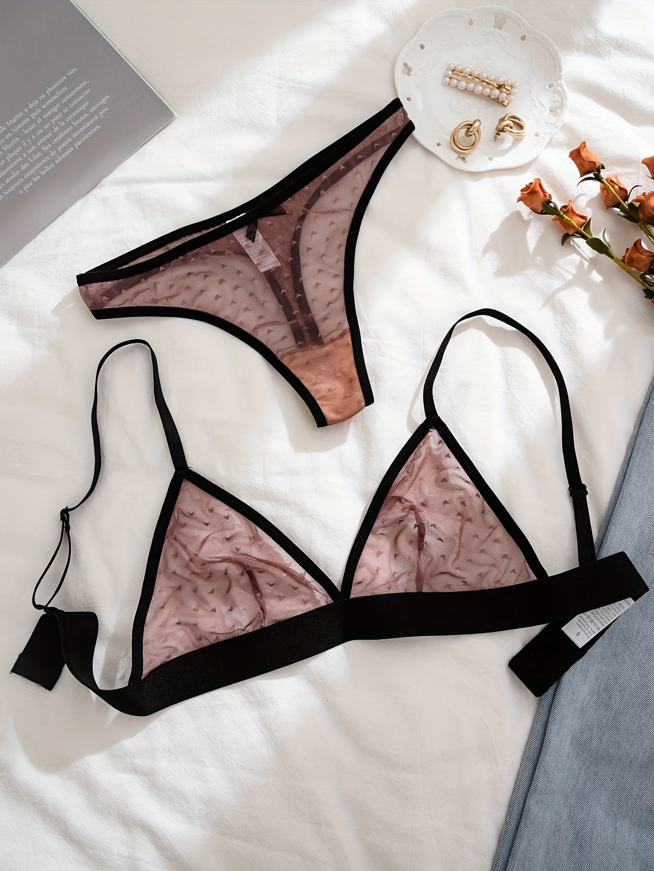 Sexy Lingerie Set, Contrast Trim Pint Dot Mesh Semi Sheer'/MH