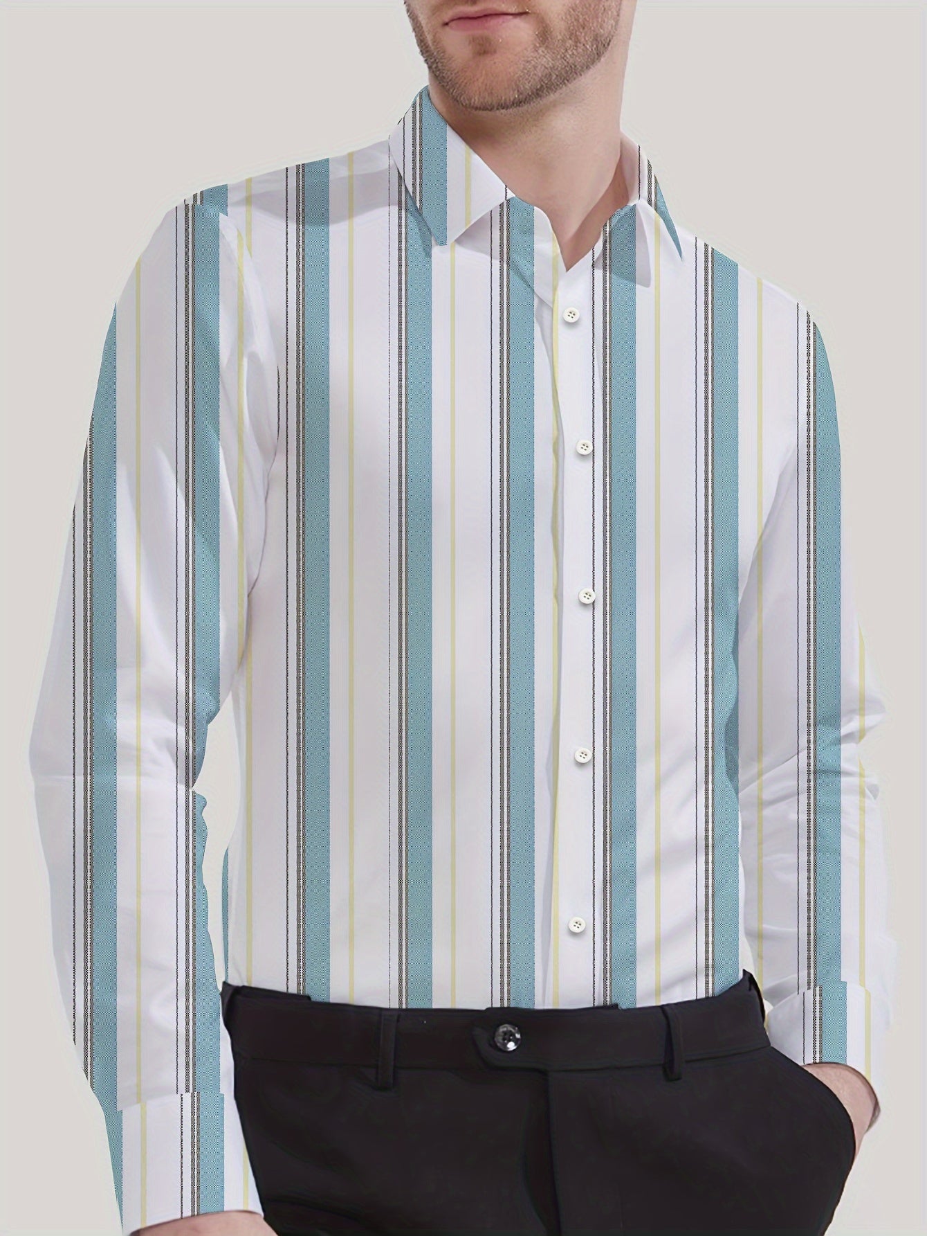 Men's Striped Lapel Collar Dress Shirts, Long Sleeve .