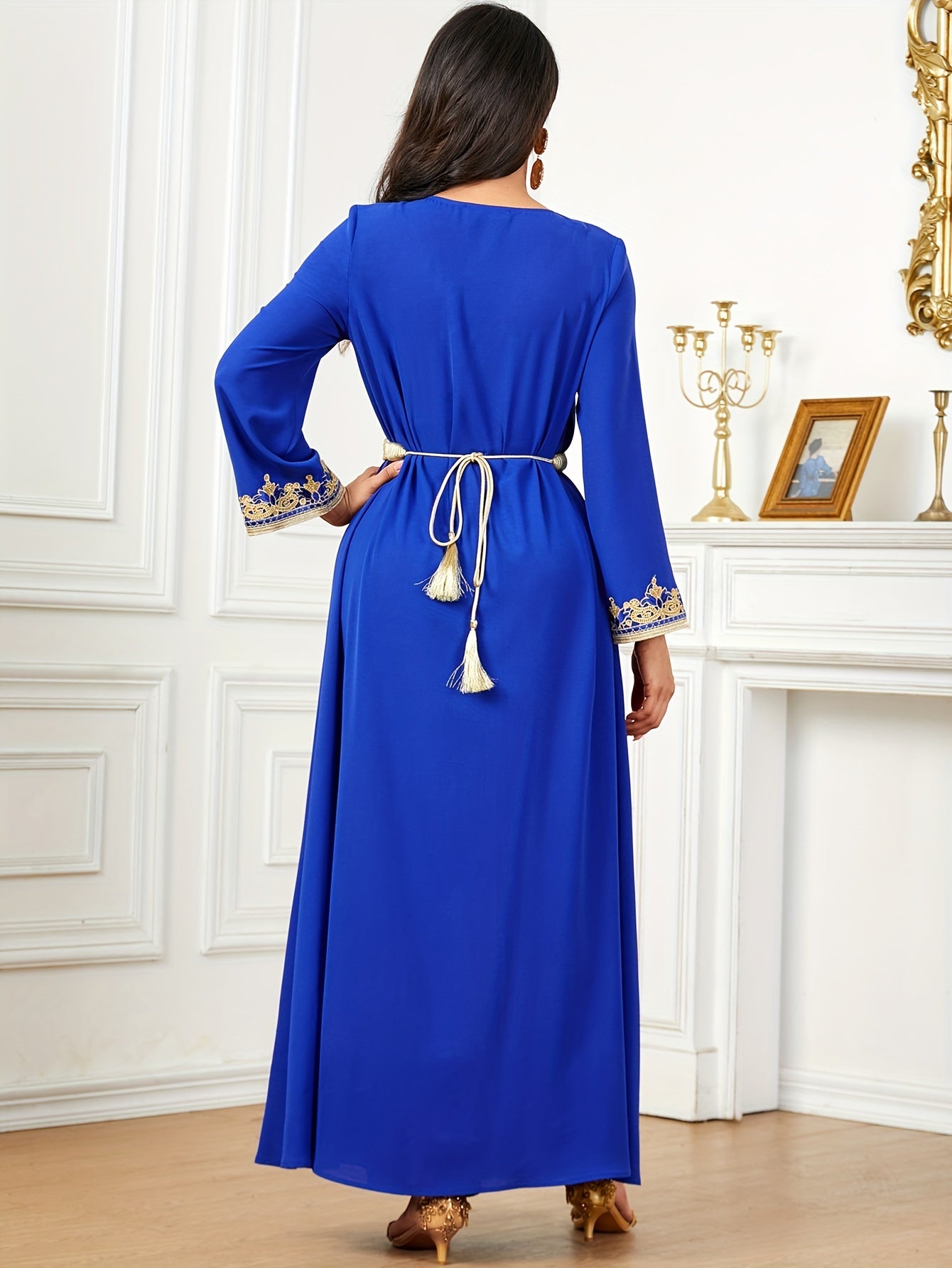 Contrast Lace V-neck Kaftan Dress, Elegant Long Sleeve'/MH
