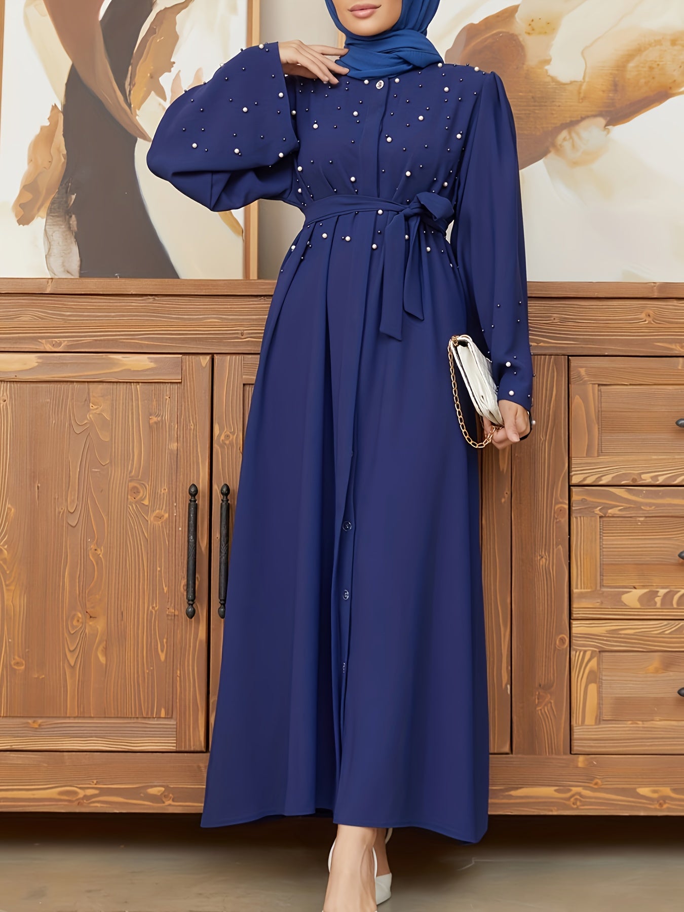 Elegant Navy Blue Abaya with Pearl Embellishments and Belt -/MH