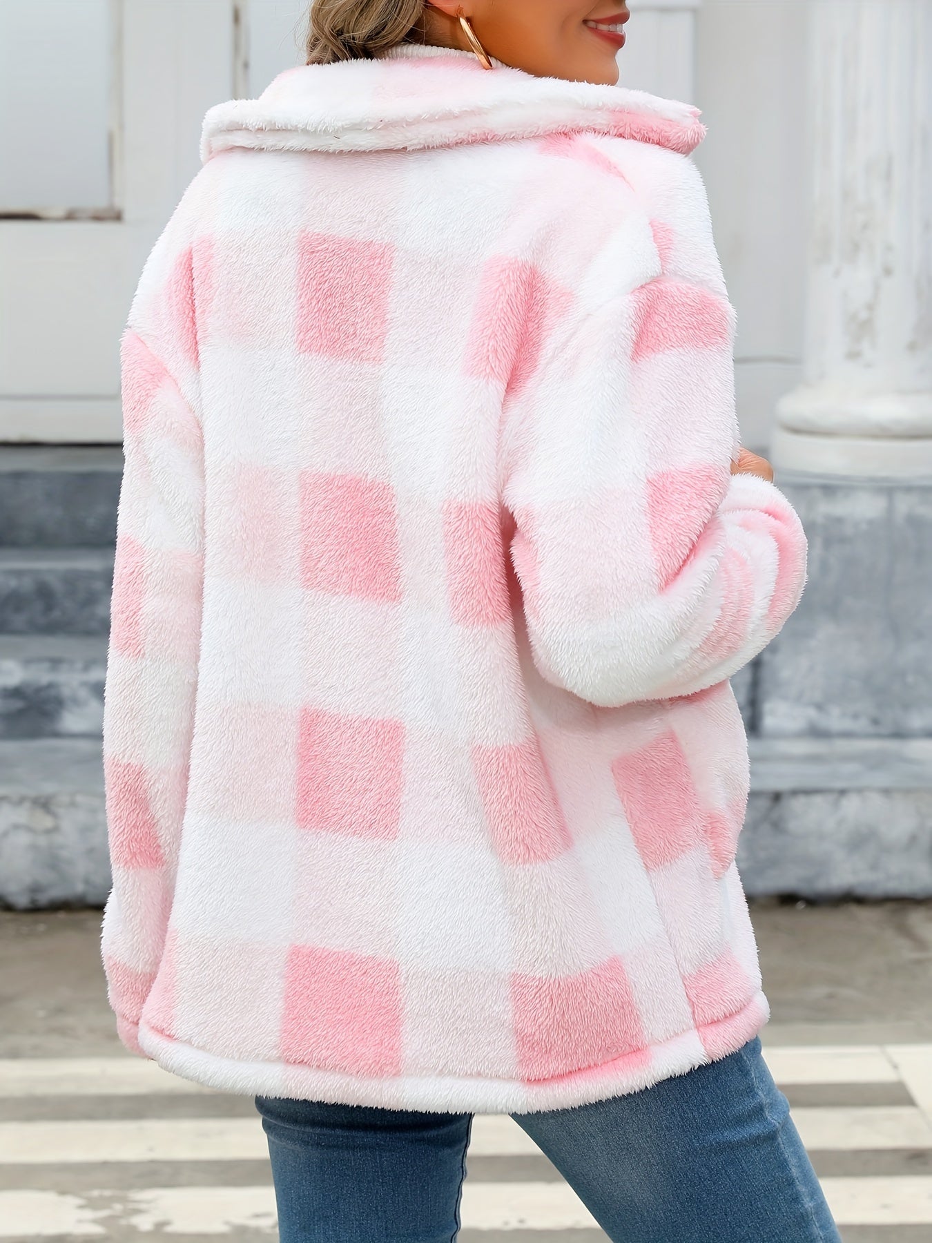 Long Sleeve Plaid Print Teddy Coat with Patched Pockets - Soft, Warm,