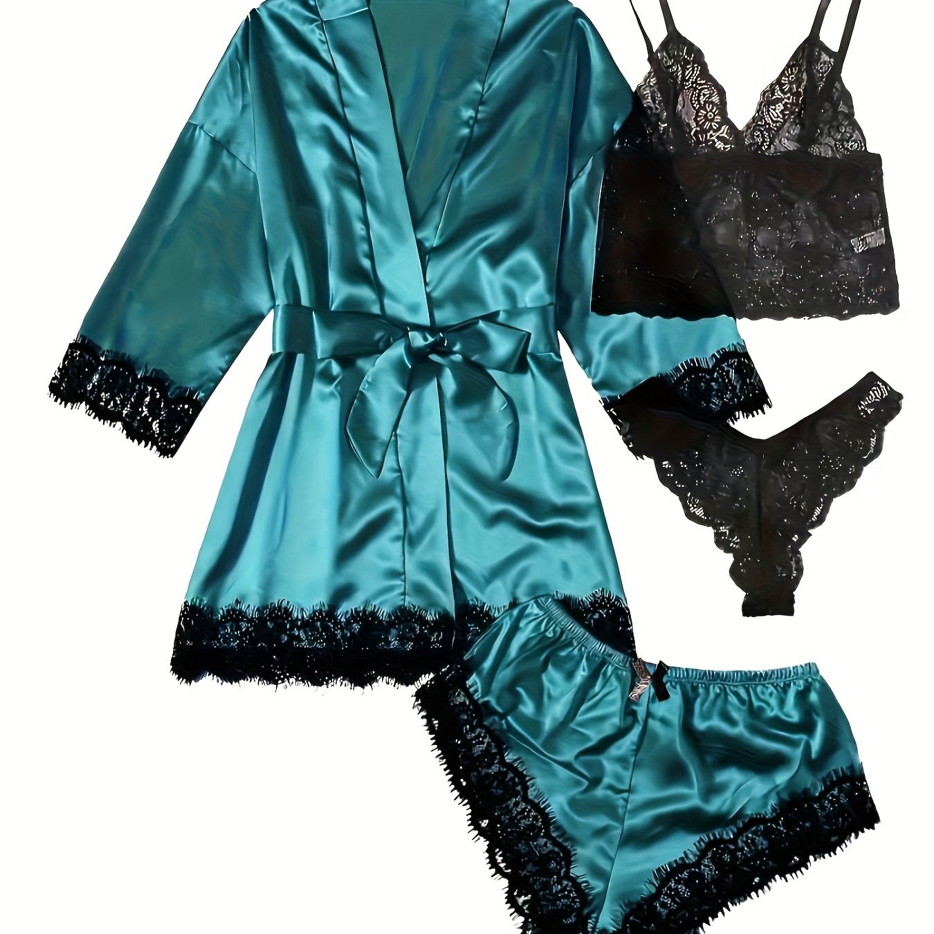 Lace Stitching Satin Pajama Set,