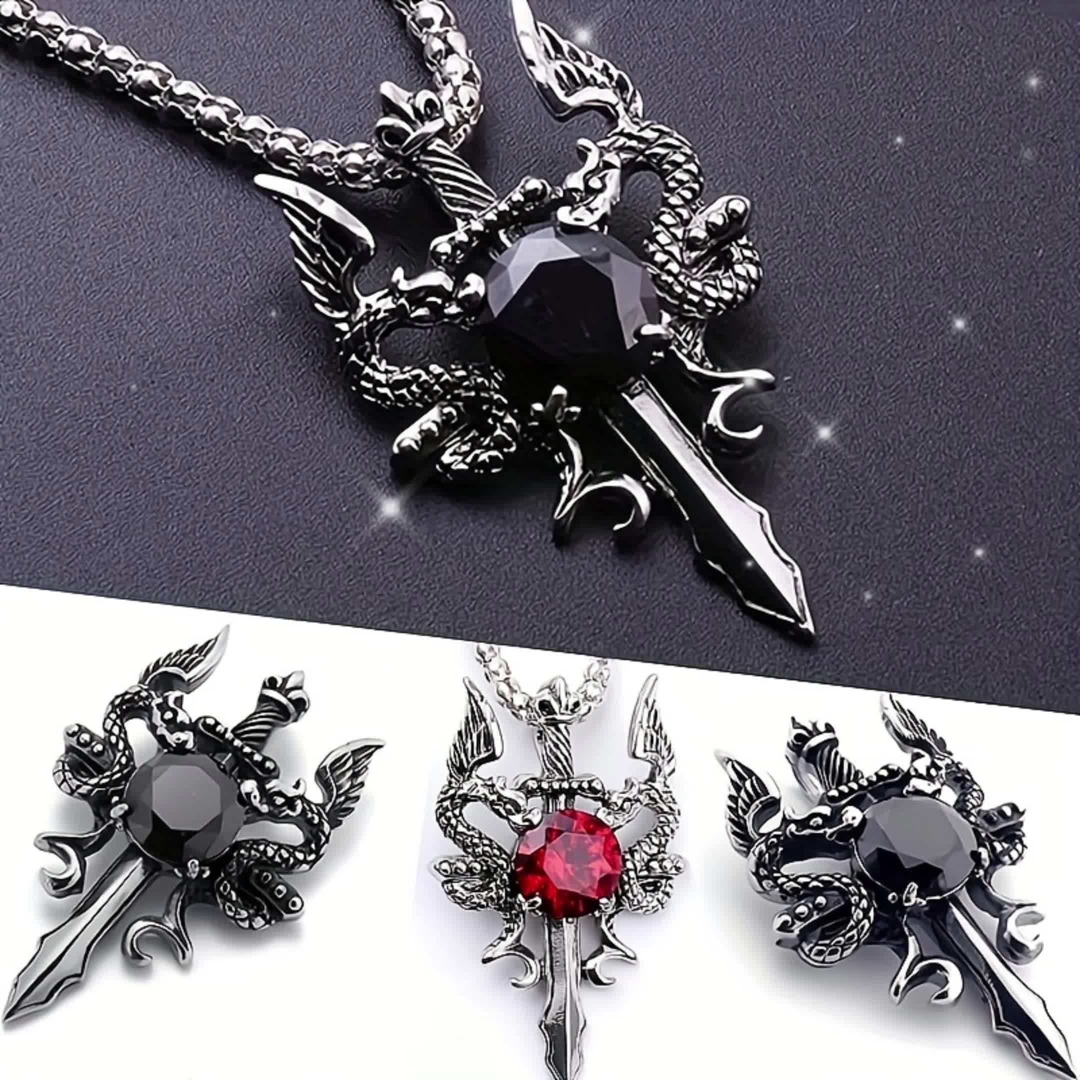 Gothic Knight Double Dragon Cross Sword Pendant Necklace .
