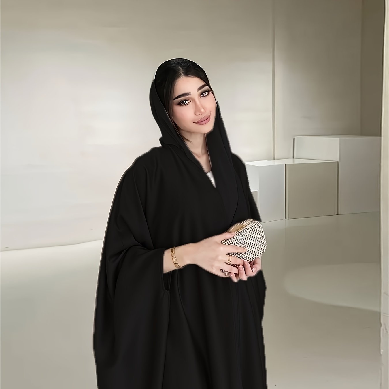 Open Front Hoodie Kaftan Dress, Elegant Long Batwing Sleeve Non-Stretch '/MH