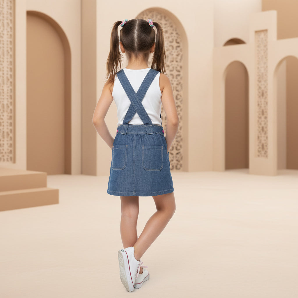 Girls' Embroidered Denim Pinafore Dress – Character Overall Pinafore with Cross-Back Straps (6-36 Months) | MH